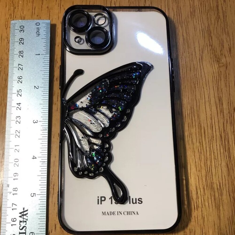 Plating Quicksand Butterfly Clear Phone Case For iPhone 15 Plus Soft New Black - Picture 7 of 10